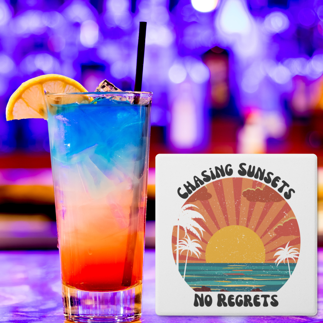 Chasing Sunsets No Regrets Coasters, Beach Decor, Vintage Bar Coasters, Sunset Coasters, Palm Tree Coasters, Ocean Decor, Surf Coasters, Beach Coasters, Tropical Drink Coaster, House-warming Gift