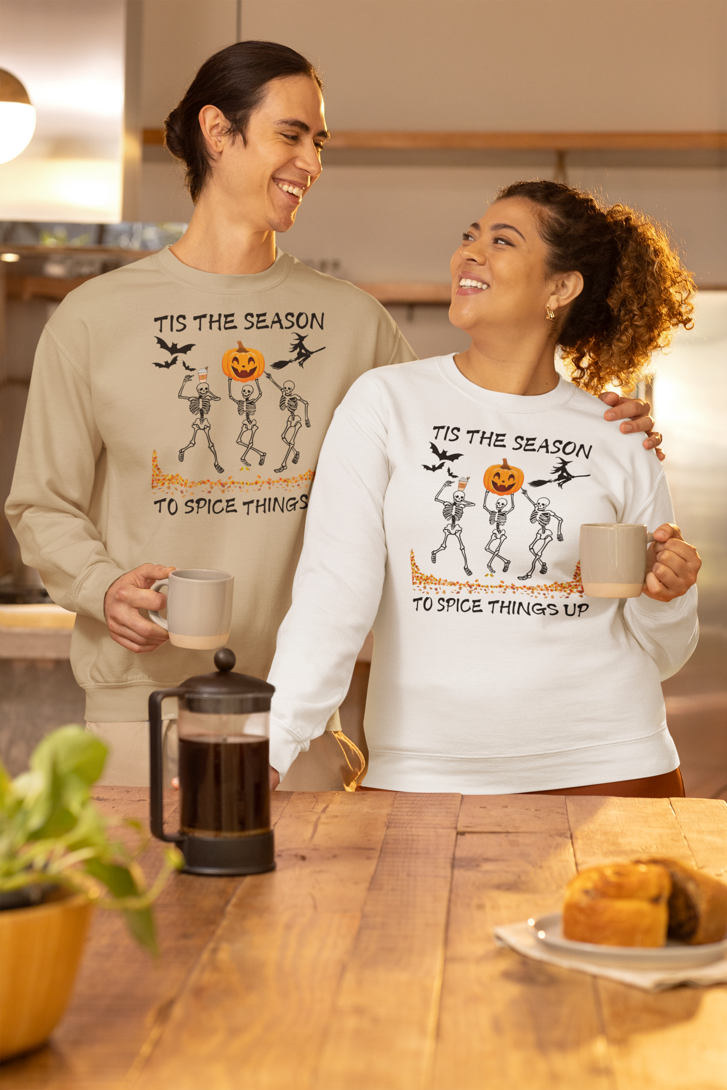 Tis the Season to Spice Things Up Fall Sweatshirt, Pumpkin Spice Coffee Sweater, Skeletons Dancing Halloween Sweater, Unisex Crewneck Sweatshirt