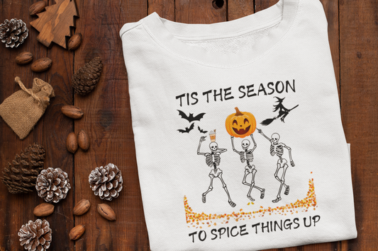 Tis the Season to Spice Things Up Fall Sweatshirt, Pumpkin Spice Coffee Sweater, Skeletons Dancing Halloween Sweater, Unisex Crewneck Sweatshirt