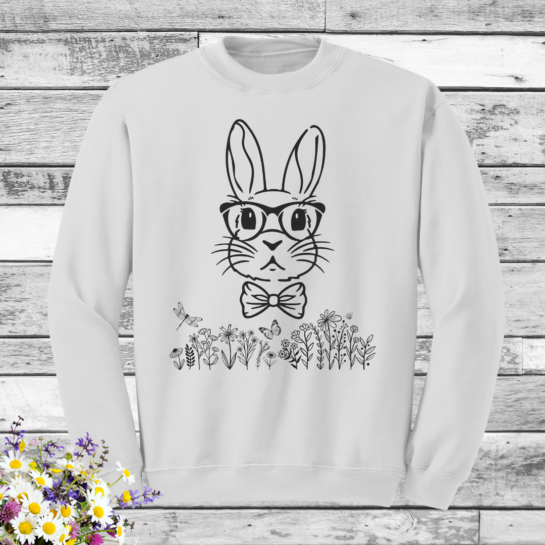 Bunny wearing Glasses Sweatshirt, Cute Easter Sweatshirt, Spring Sweatshirt, Easter Bunny Gift, Wildflowers Nature Lover Sweater, Rabbit Sweatshirt, Gift for Her