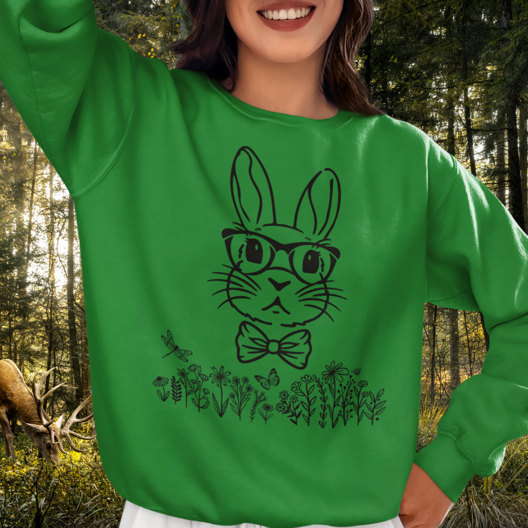 Bunny wearing Glasses Sweatshirt, Cute Easter Sweatshirt, Spring Sweatshirt, Easter Bunny Gift, Wildflowers Nature Lover Sweater, Rabbit Sweatshirt, Gift for Her