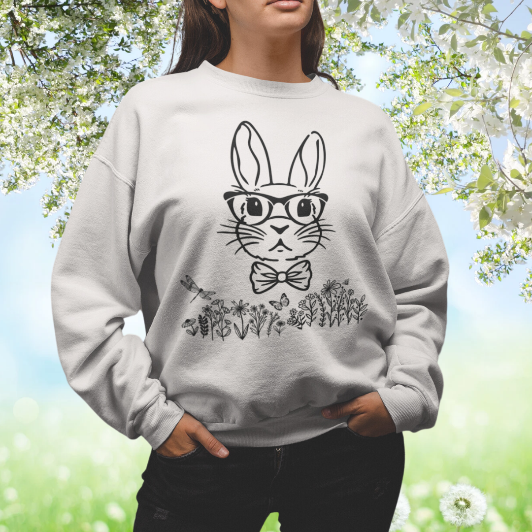 Bunny wearing Glasses Sweatshirt, Cute Easter Sweatshirt, Spring Sweatshirt, Easter Bunny Gift, Wildflowers Nature Lover Sweater, Rabbit Sweatshirt, Gift for Her