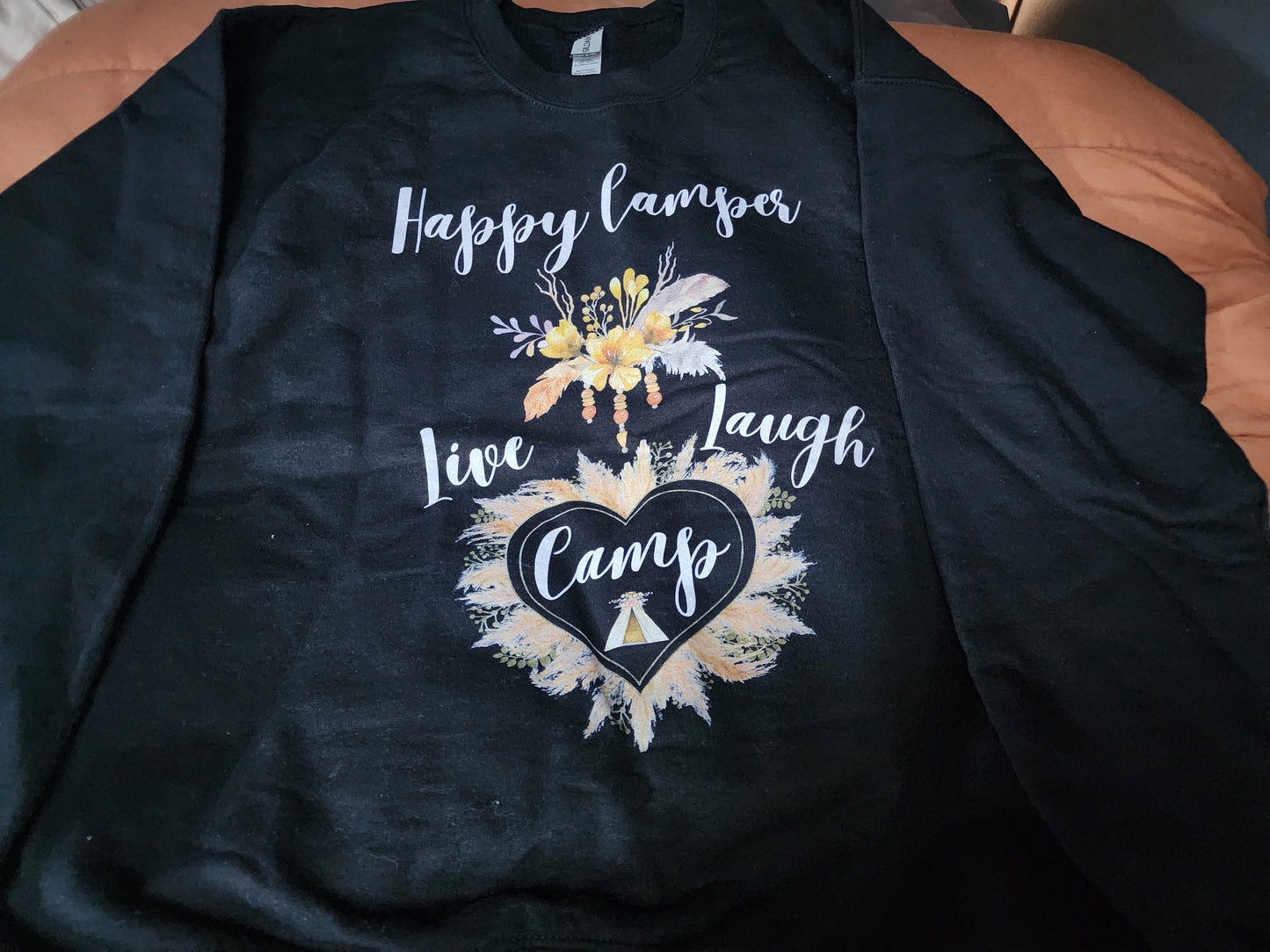 Happy Camper Sweatshirt, Live Camp Laugh Crewneck Sweater, Floral Feather Bead Watercolor Design Sweatshirt, Gift for Her