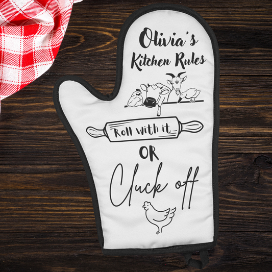 Personalized Funny Oven Mitt, Roll with it or Cluck Off, Farm Oven Mitt, Kitchen Accessories, House-warming Gift