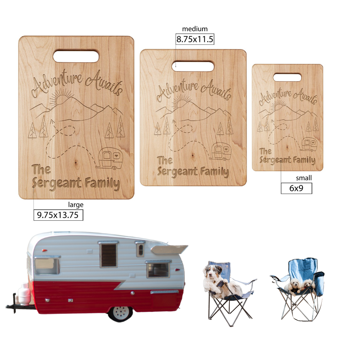 Adventure Awaits Camping Gear, Personalized Camp Cutting Board, RV Camper Accessories, Gift for Camper, Family Camping Gifts