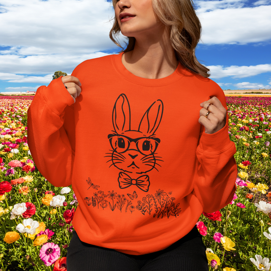 Bunny wearing Glasses Sweatshirt, Cute Easter Sweatshirt, Spring Sweatshirt, Easter Bunny Gift, Wildflowers Nature Lover Sweater, Rabbit Sweatshirt, Gift for Her