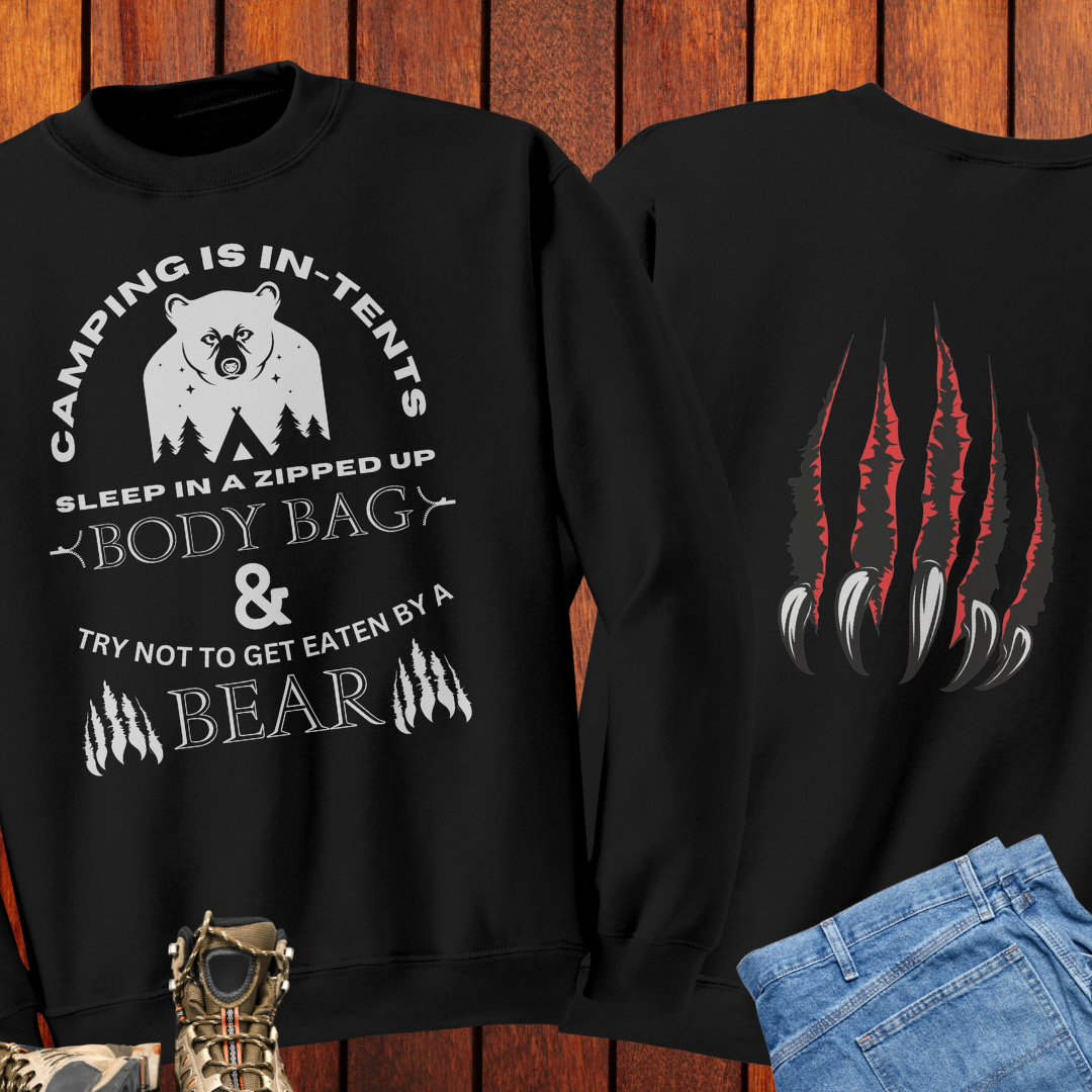 Camping Sweatshirt, Camping is In-Tents Camp Sweater, Hiking Gear, Adventure Gift, Nature Lover, Funny Bear Camp Shirt, Unisex Back Print