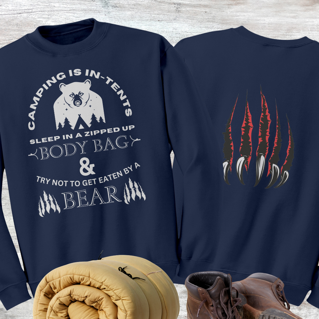 Camping Sweatshirt, Camping is In-Tents Camp Sweater, Hiking Gear, Adventure Gift, Nature Lover, Funny Bear Camp Shirt, Unisex Back Print