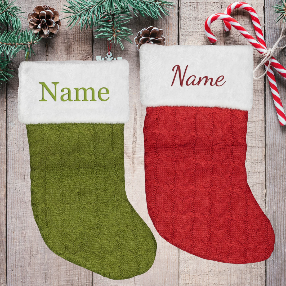 Personalized Christmas Stocking, Embroided Cable Knit Christmas Stocking with Fur Cuff, Custom Christmas Decor, Family Christmas Stockings, Pet Christmas Stocking with Hanging Loop
