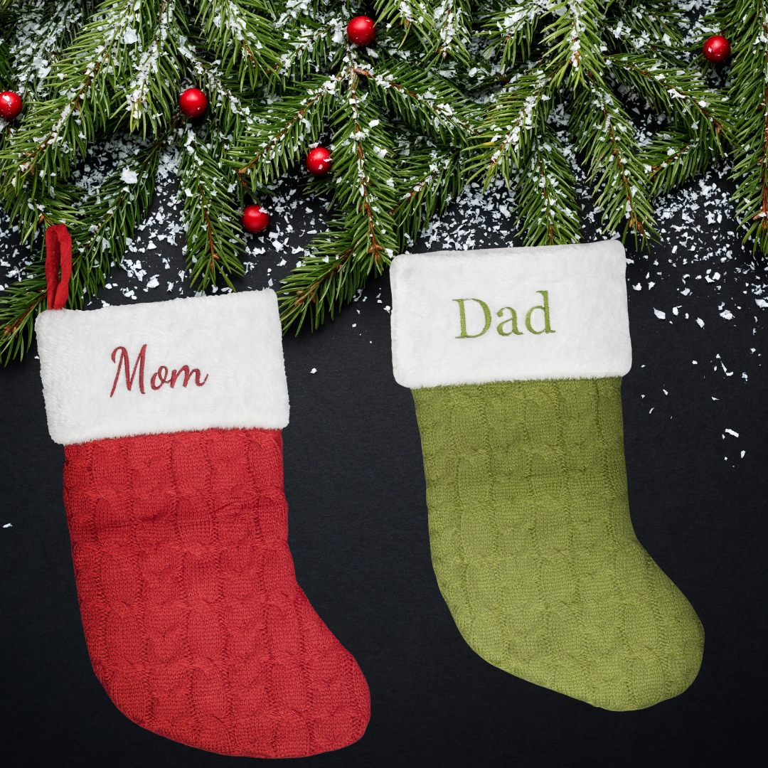 Personalized Christmas Stocking, Embroided Cable Knit Christmas Stocking with Fur Cuff, Custom Christmas Decor, Family Christmas Stockings, Pet Christmas Stocking with Hanging Loop