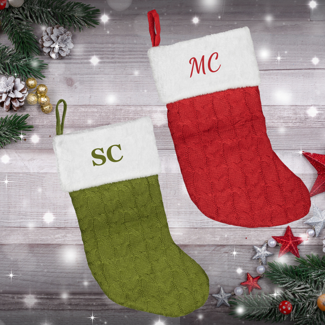 Personalized Christmas Stocking, Embroided Cable Knit Christmas Stocking with Fur Cuff, Custom Christmas Decor, Family Christmas Stockings, Pet Christmas Stocking with Hanging Loop