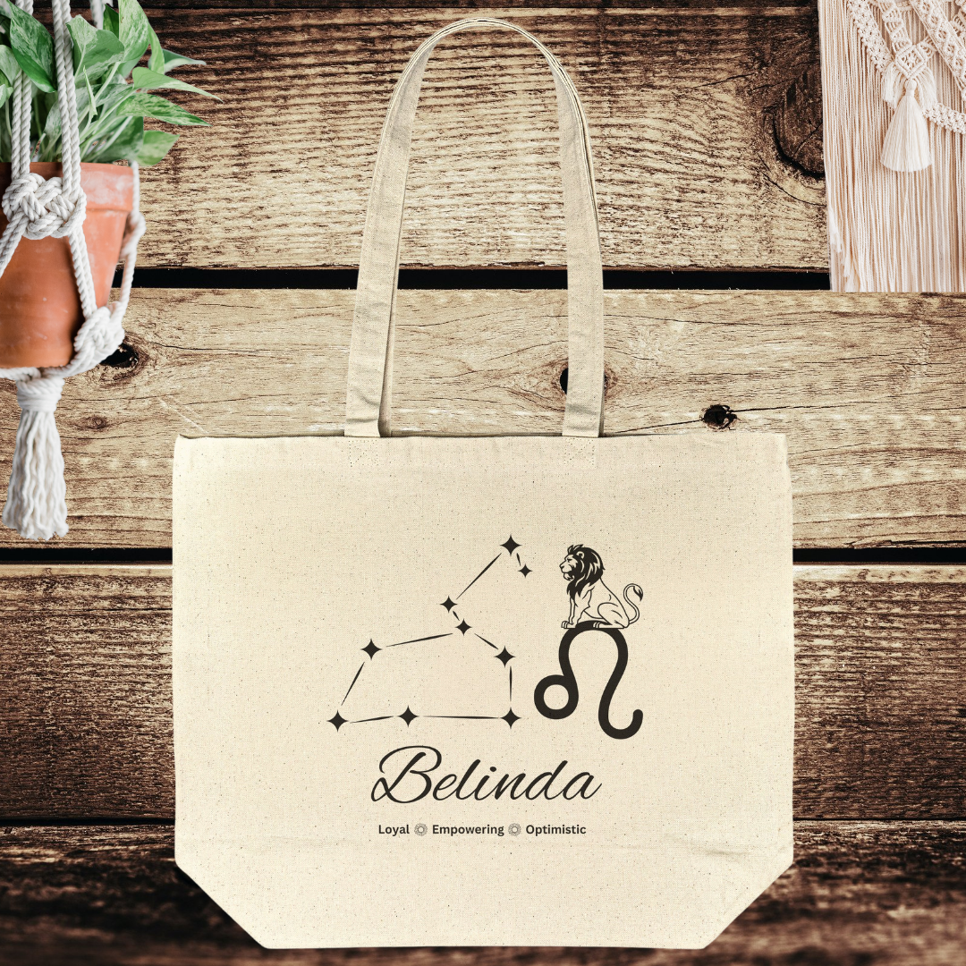 Personalized Name Leo Tote Bag, Zodiac Constellation Leo Bag, Lion Tote Bag, Sunflower Bag, Cotton Reusable Beach Bag, Recycled Eco-Friendly Bag, Custom Gusset Tote Bag, Gift for Leo