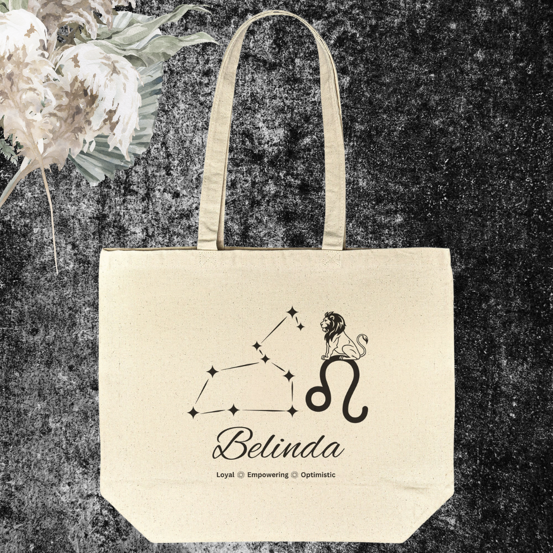 Personalized Name Leo Tote Bag, Zodiac Constellation Leo Bag, Lion Tote Bag, Sunflower Bag, Cotton Reusable Beach Bag, Recycled Eco-Friendly Bag, Custom Gusset Tote Bag, Gift for Leo