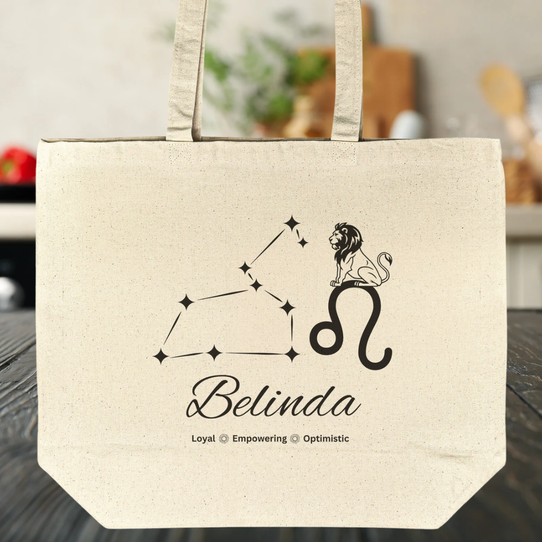 Personalized Name Leo Tote Bag, Zodiac Constellation Leo Bag, Lion Tote Bag, Sunflower Bag, Cotton Reusable Beach Bag, Recycled Eco-Friendly Bag, Custom Gusset Tote Bag, Gift for Leo
