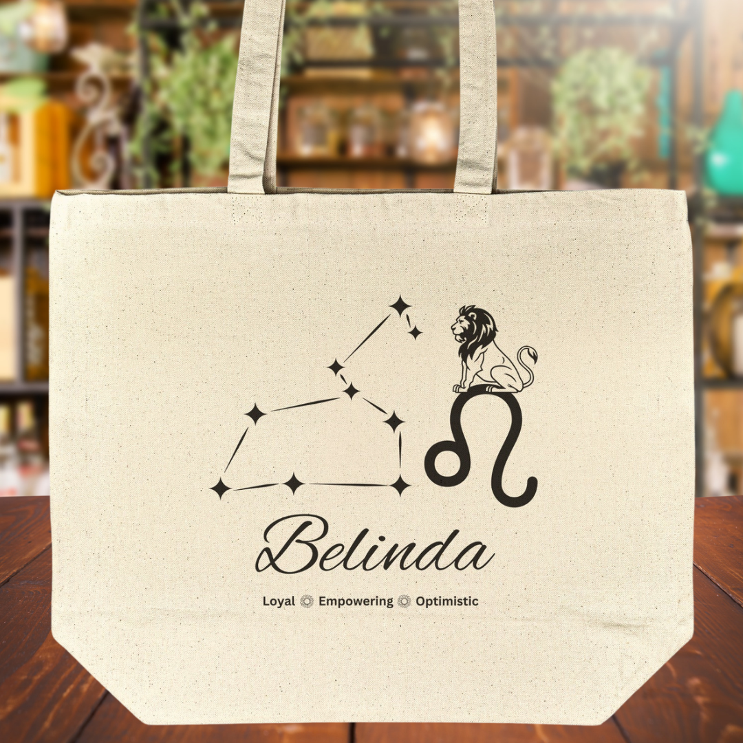 Personalized Name Leo Tote Bag, Zodiac Constellation Leo Bag, Lion Tote Bag, Sunflower Bag, Cotton Reusable Beach Bag, Recycled Eco-Friendly Bag, Custom Gusset Tote Bag, Gift for Leo