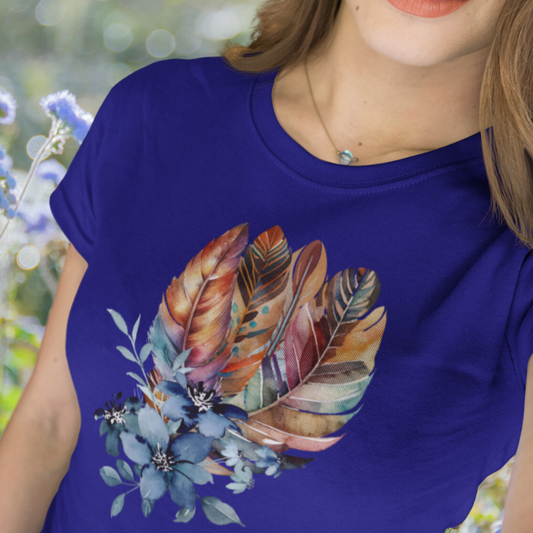Boho Feather Floral TShirt, Watercolored Feather Shirt, Blue Summer Flower Tee, Gift for Nature Lover, Gift for Her, Birthday Gift