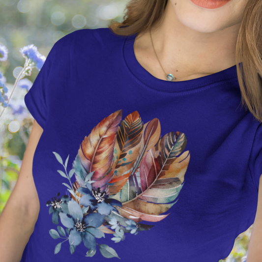 Boho Feather Floral TShirt, Watercolored Feather Shirt, Blue Flower Tee, Gift for Nature Lover, Gift for Her, Birthday Gift