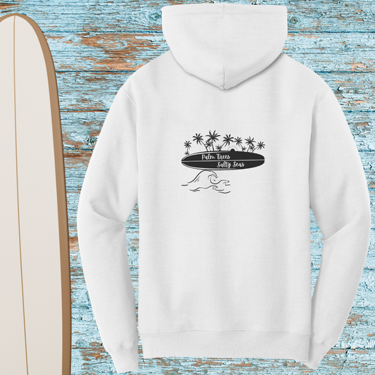 Palm Trees Salty Seas Hoodie, Beach Lover Hooded Sweatshirt, Surf Hoodie, Surf Apparel, Surfboard Clothing, Gift for Surfer