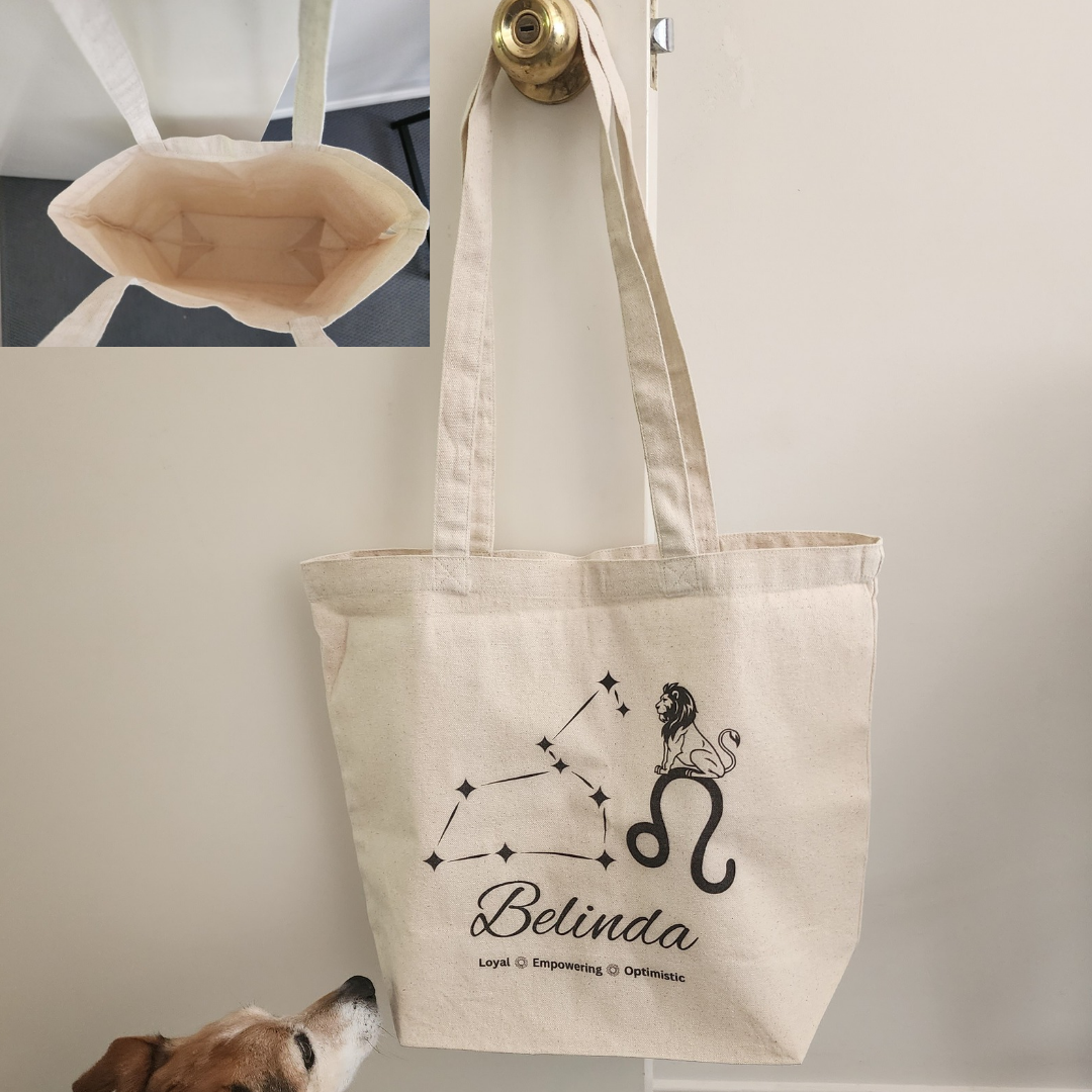 Personalized Name Leo Tote Bag, Zodiac Constellation Leo Bag, Lion Tote Bag, Sunflower Bag, Cotton Reusable Beach Bag, Recycled Eco-Friendly Bag, Custom Gusset Tote Bag, Gift for Leo