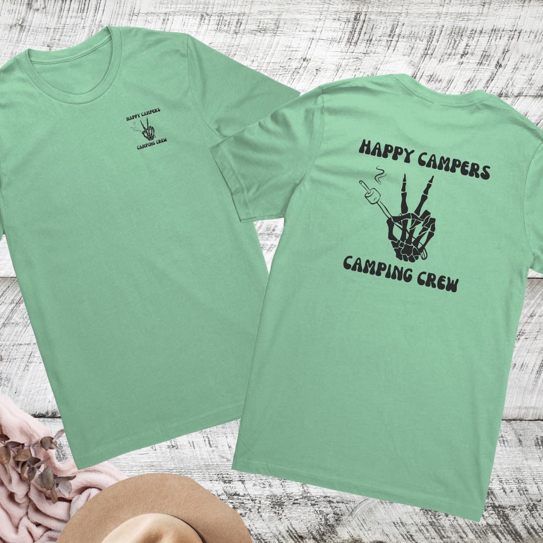 Happy Campers Camping Crew Double Sided Unisex Shirt, Skeleton Hand Camping Shirt, S'mores Outdoors Tshirt