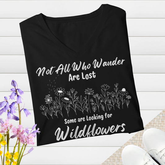 Wildflowers Vneck Women's Shirt, Not All Who Wander are Lost Wildflower Dandelion Floral Tshirt, Garden Lover Shirt, Cottagecore Shirt, Gift for Nature Lover, Outdoorsy Camping Shirt