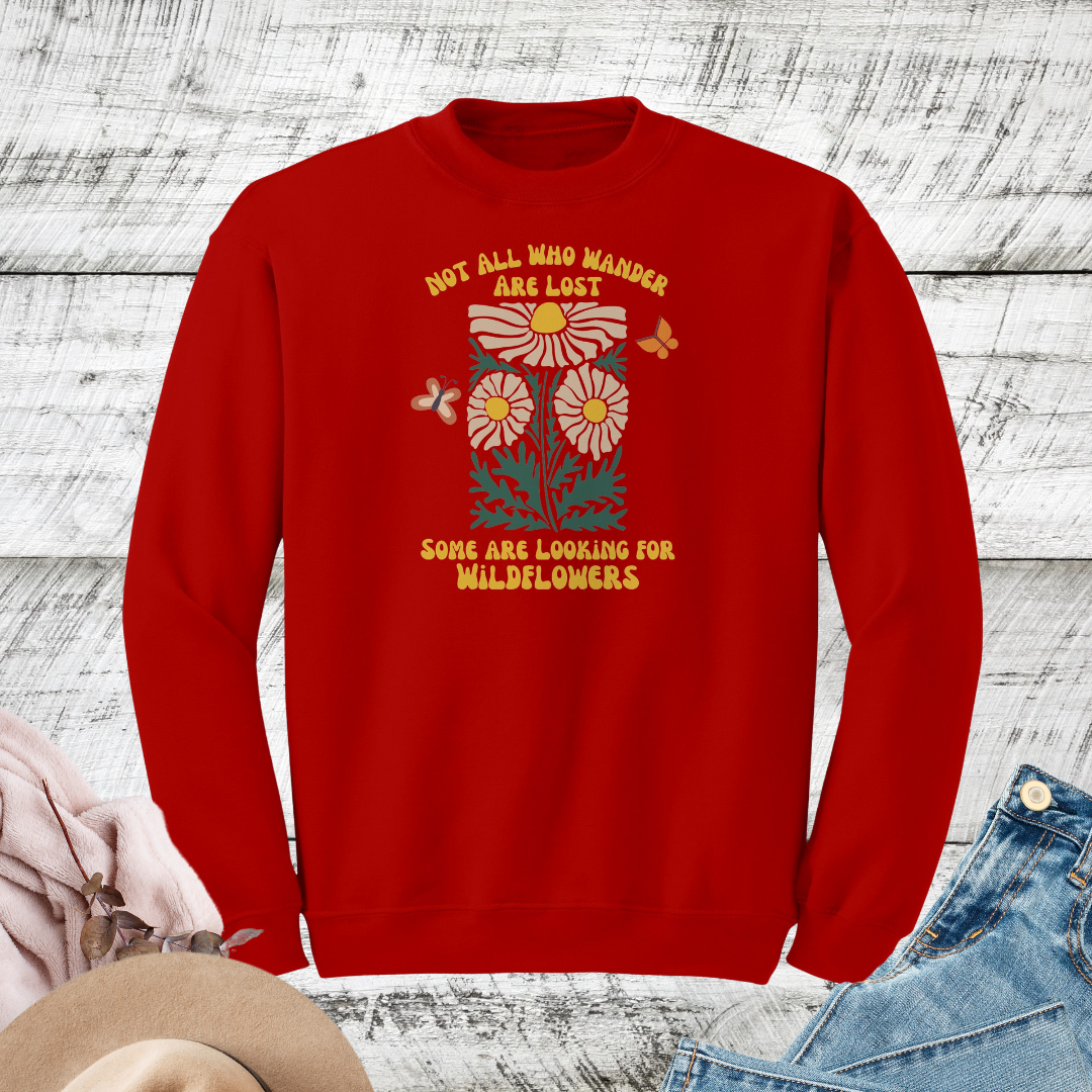 Retro Vintage Wildflowers Sweatshirt, Wavy Daisy Floral Sweater, Plant Lover Crewneck Unisex Sweatshirt, Cottagecore Sweater, Gift for Nature Lover, Outdoorsy Camp Sweater