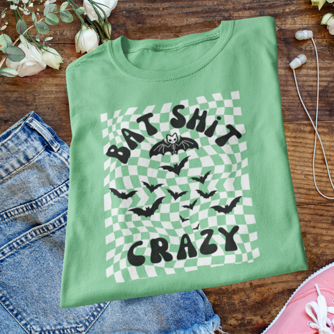 Retro Checkered Cozy Unisex Shirt, Bat Shit Crazy Tshirt, Funny Trick or Treating Halloween Mama Shirt, Skeleton Bat Halloween Tee, Humor Shirt