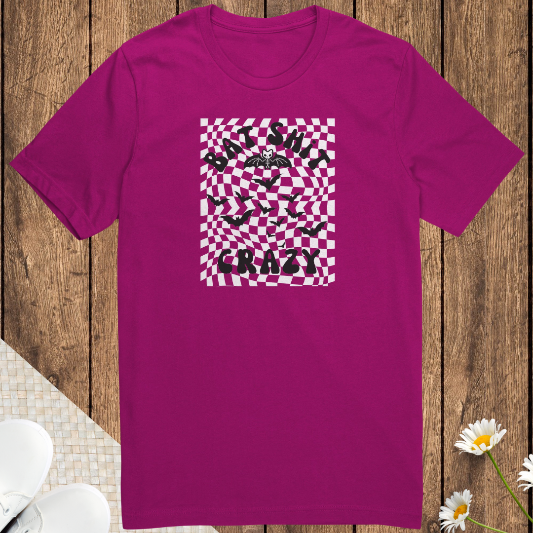 Retro Checkered Cozy Unisex Shirt, Bat Shit Crazy Tshirt, Funny Trick or Treating Halloween Mama Shirt, Skeleton Bat Halloween Tee, Humor Shirt