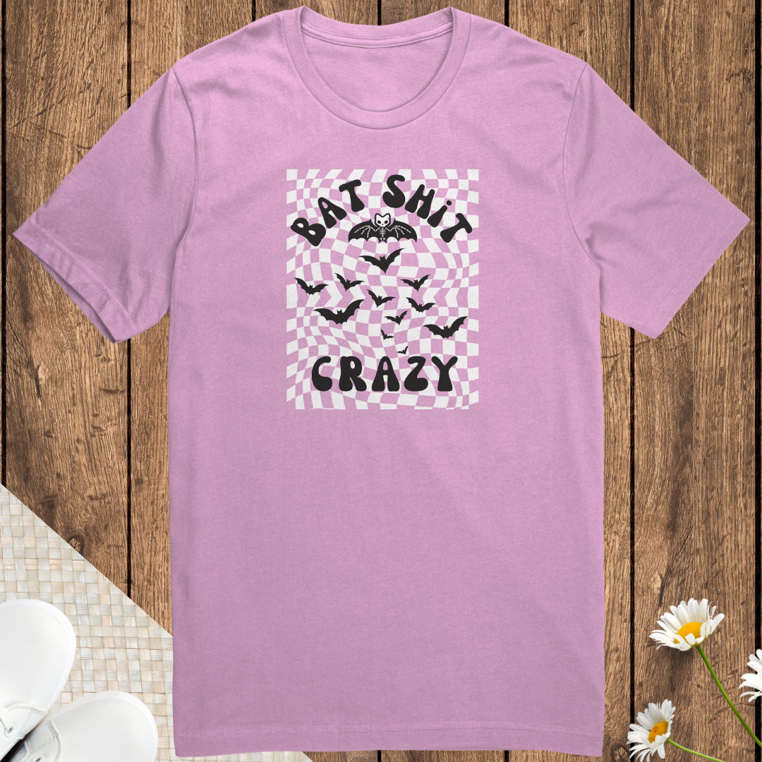 Retro Checkered Cozy Unisex Shirt, Bat Shit Crazy Tshirt, Funny Trick or Treating Halloween Mama Shirt, Skeleton Bat Halloween Tee, Humor Shirt