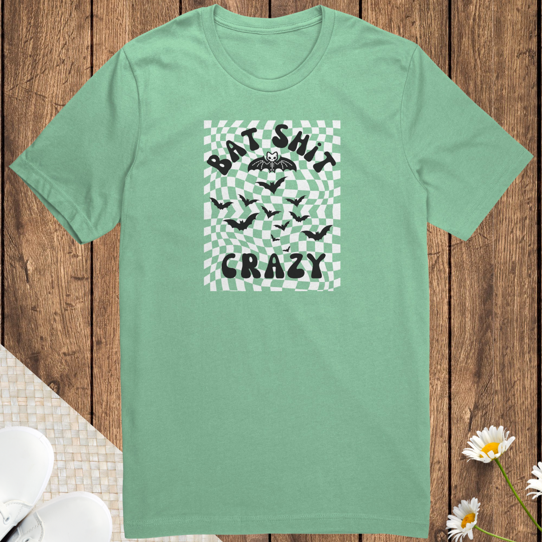 Retro Checkered Cozy Unisex Shirt, Bat Shit Crazy Tshirt, Funny Trick or Treating Halloween Mama Shirt, Skeleton Bat Halloween Tee, Humor Shirt