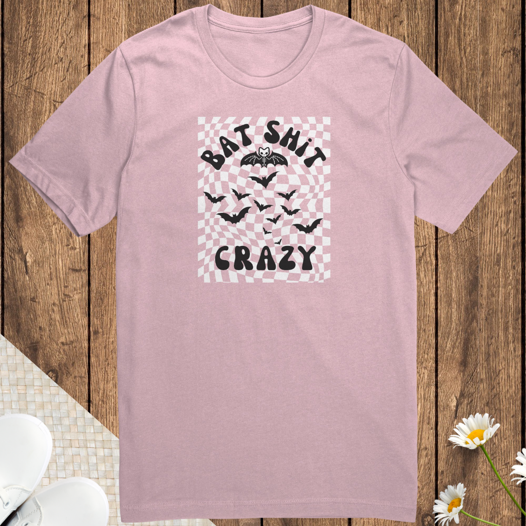 Retro Checkered Cozy Unisex Shirt, Bat Shit Crazy Tshirt, Funny Trick or Treating Halloween Mama Shirt, Skeleton Bat Halloween Tee, Humor Shirt