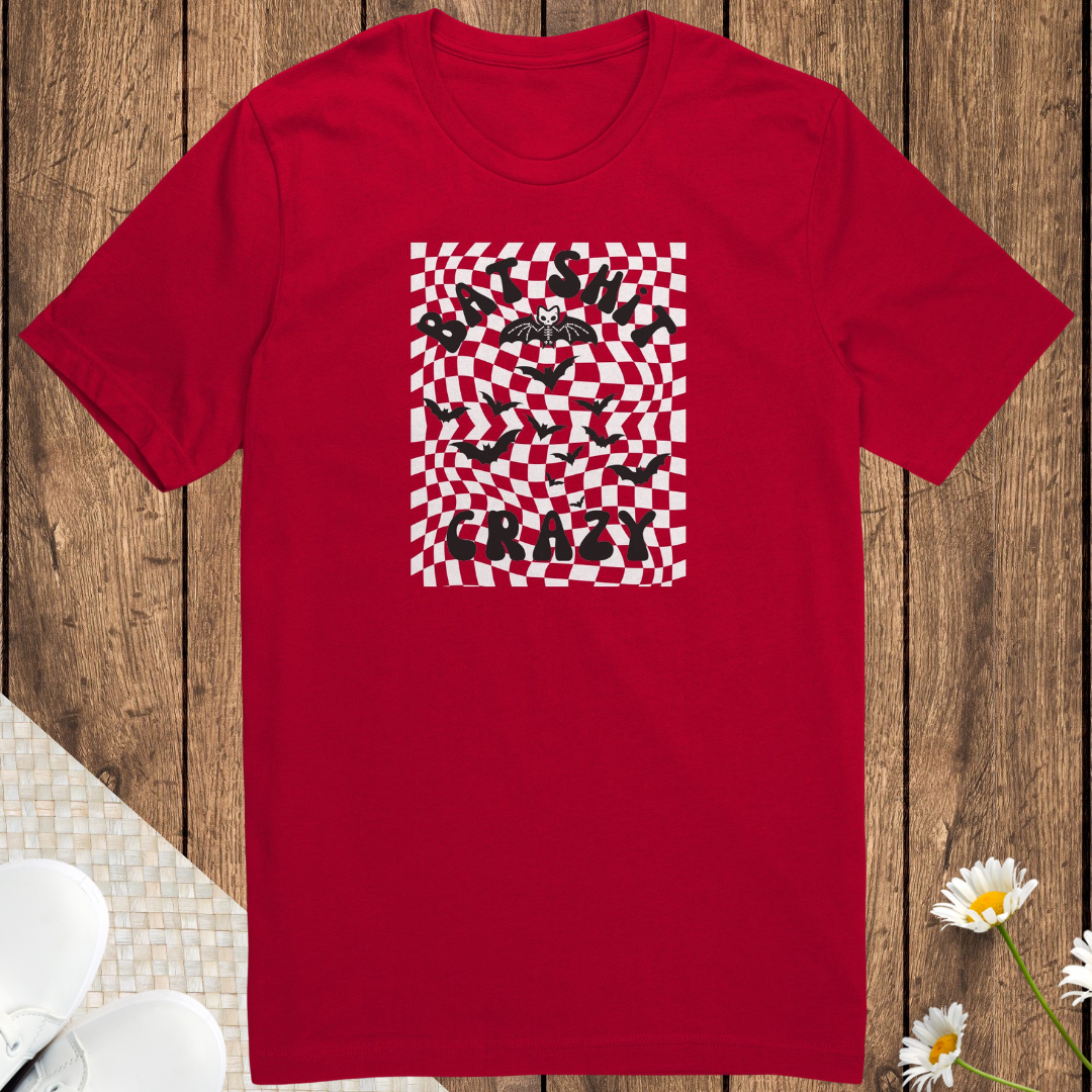 Retro Checkered Cozy Unisex Shirt, Bat Shit Crazy Tshirt, Funny Trick or Treating Halloween Mama Shirt, Skeleton Bat Halloween Tee, Humor Shirt