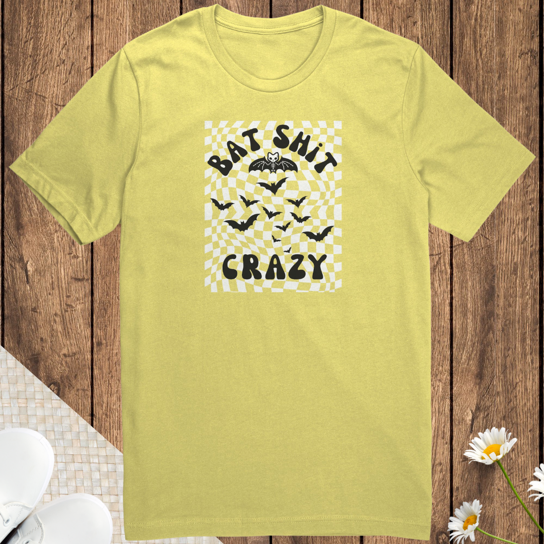 Retro Checkered Cozy Unisex Shirt, Bat Shit Crazy Tshirt, Funny Trick or Treating Halloween Mama Shirt, Skeleton Bat Halloween Tee, Humor Shirt