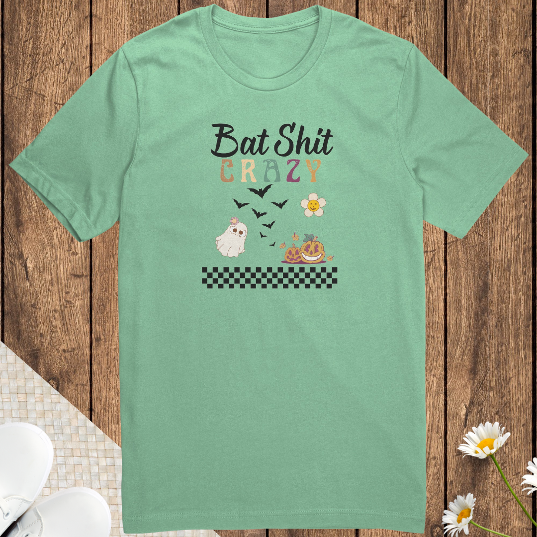 Cute Retro Bat Shit Crazy Halloween Shirt, Unisex Trick or Treating Shirt, Scary Pumpkin Daisy Ghost Shirt, Checkered Vintage Comfy Shirt