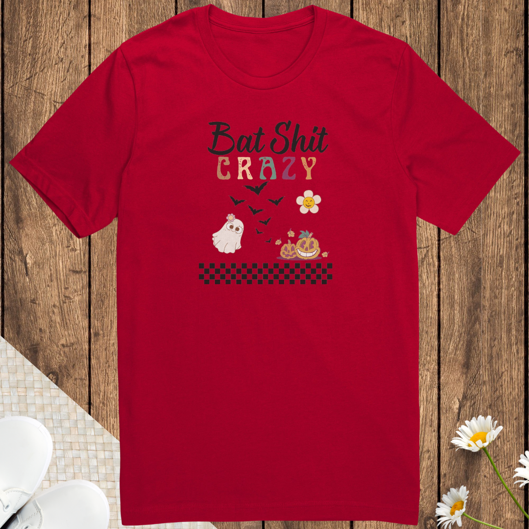Cute Retro Bat Shit Crazy Halloween Shirt, Unisex Trick or Treating Shirt, Scary Pumpkin Daisy Ghost Shirt, Checkered Vintage Comfy Shirt