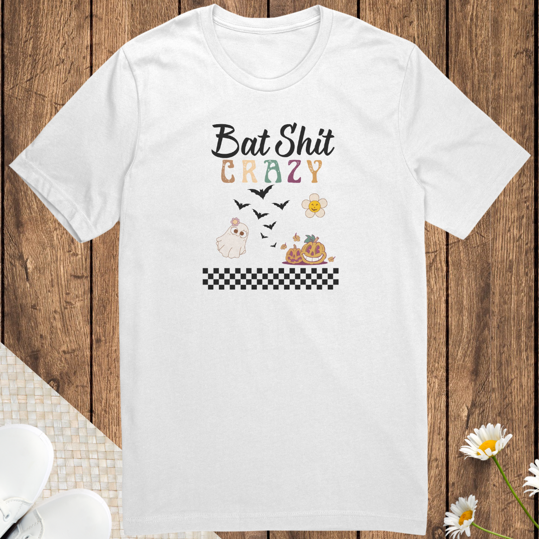 Cute Retro Bat Shit Crazy Halloween Shirt, Unisex Trick or Treating Shirt, Scary Pumpkin Daisy Ghost Shirt, Checkered Vintage Comfy Shirt