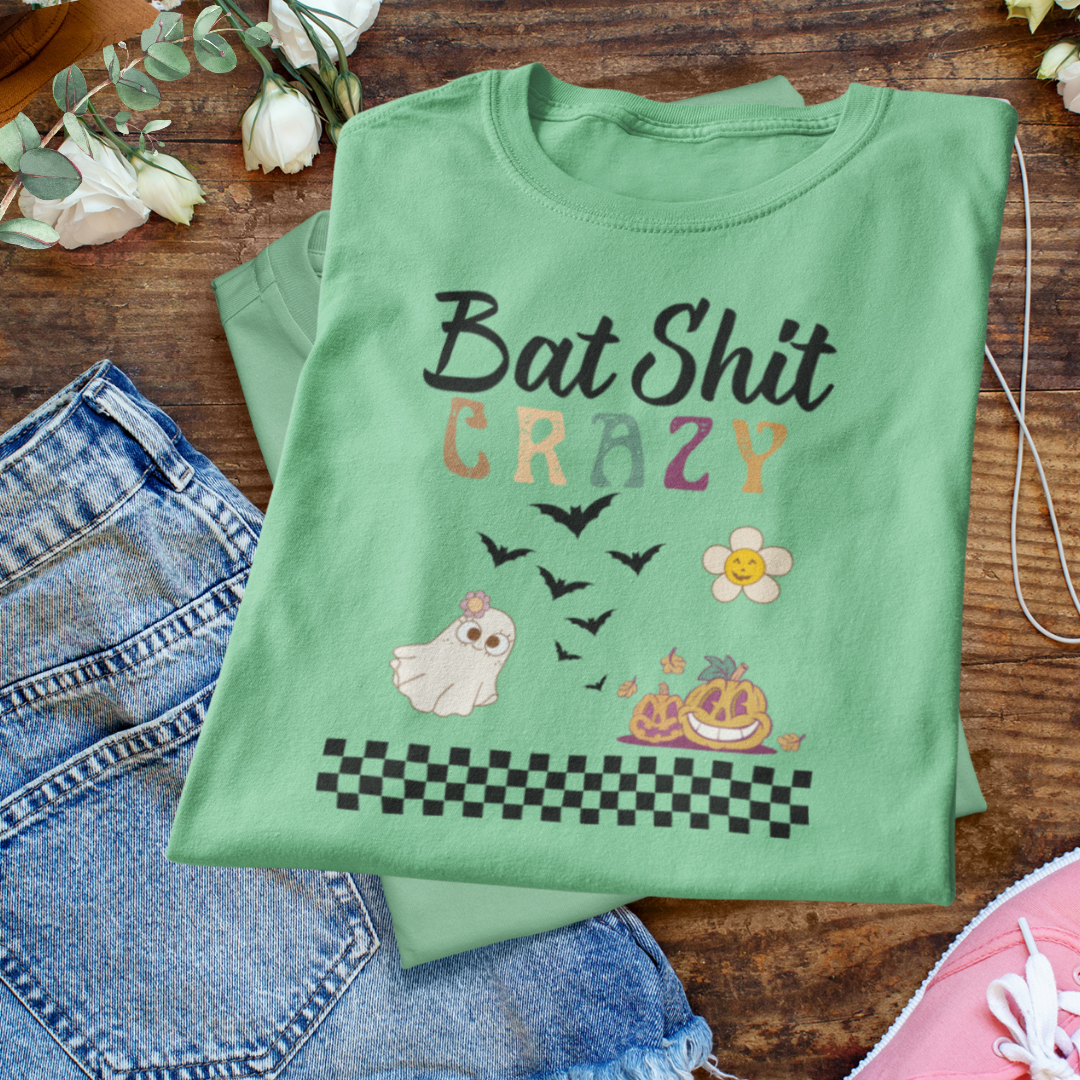 Cute Retro Bat Shit Crazy Halloween Shirt, Unisex Trick or Treating Shirt, Scary Pumpkin Daisy Ghost Shirt, Checkered Vintage Comfy Shirt