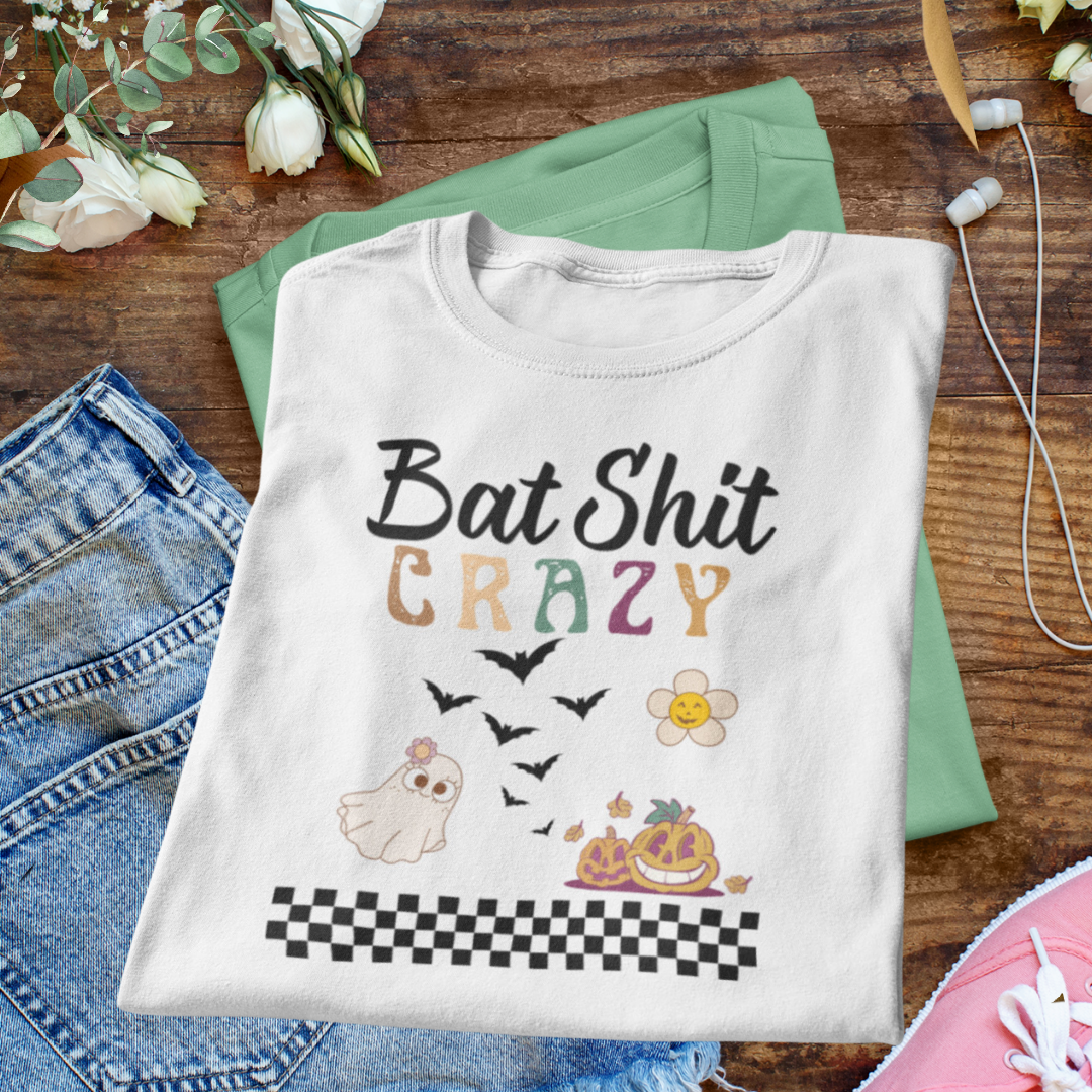 Cute Retro Bat Shit Crazy Halloween Shirt, Unisex Trick or Treating Shirt, Scary Pumpkin Daisy Ghost Shirt, Checkered Vintage Comfy Shirt