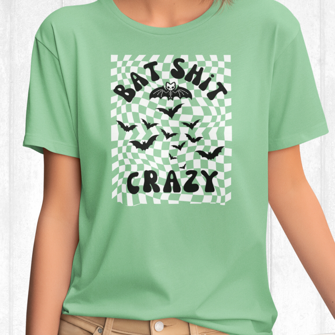 Retro Checkered Cozy Unisex Shirt, Bat Shit Crazy Tshirt, Funny Trick or Treating Halloween Mama Shirt, Skeleton Bat Halloween Tee, Humor Shirt