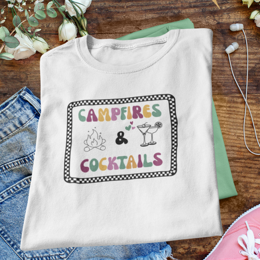 Campfires and Cocktails Tshirt, Women's Camping Shirt, Checkered Retro Shirt, Campfire Crew Shirt, Hiking Shirt, Nature Lover Shirt, Camp Lover Shirt