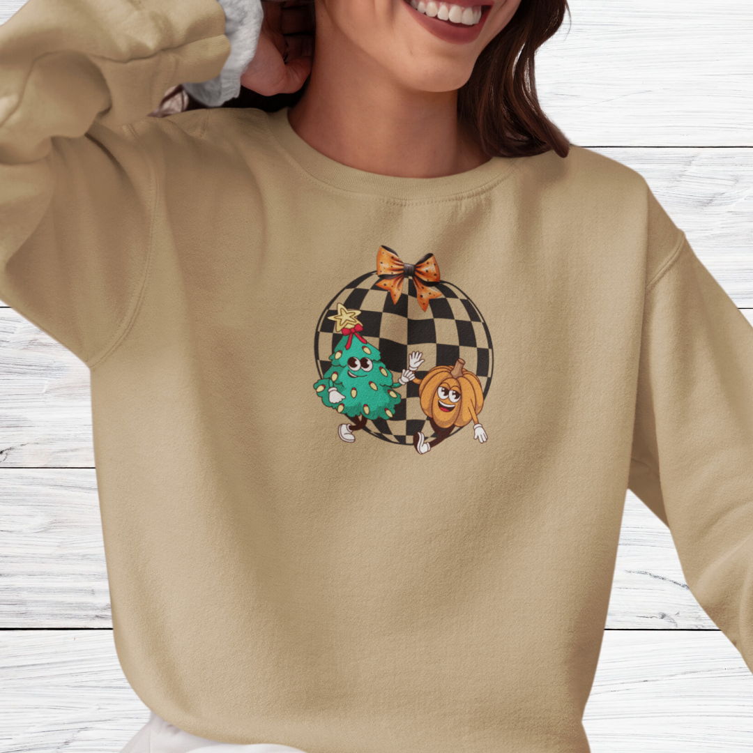 Retro Fall Pumpkin Sweatshirt, Checkered Christmas Tree Sweater, Cute Bow Autumn Sweatshirt, Gift for Fall Lover, Cute Fall Christmas Bow Sweater