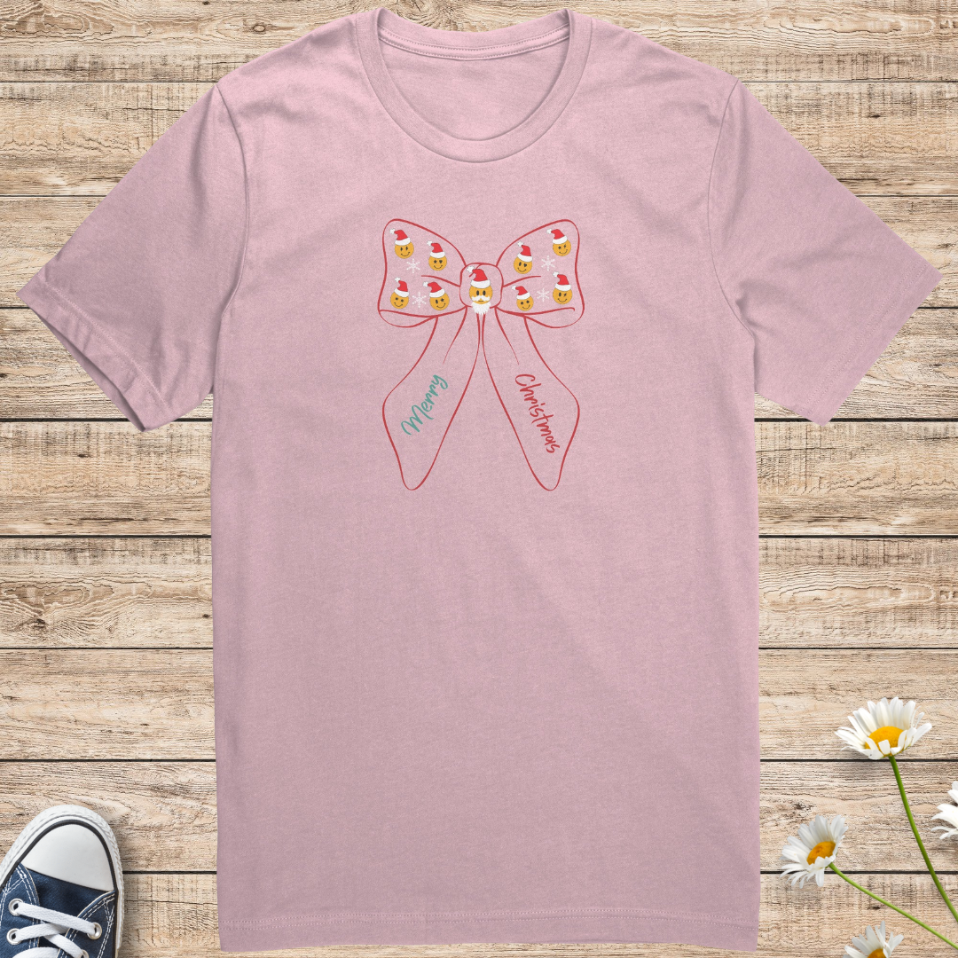 Santa Smiley Face Christmas Shirt, Merry Christmas Snowflake Bow Tshirt, Xmas Lover Shirt, Gift for Christmas Lover