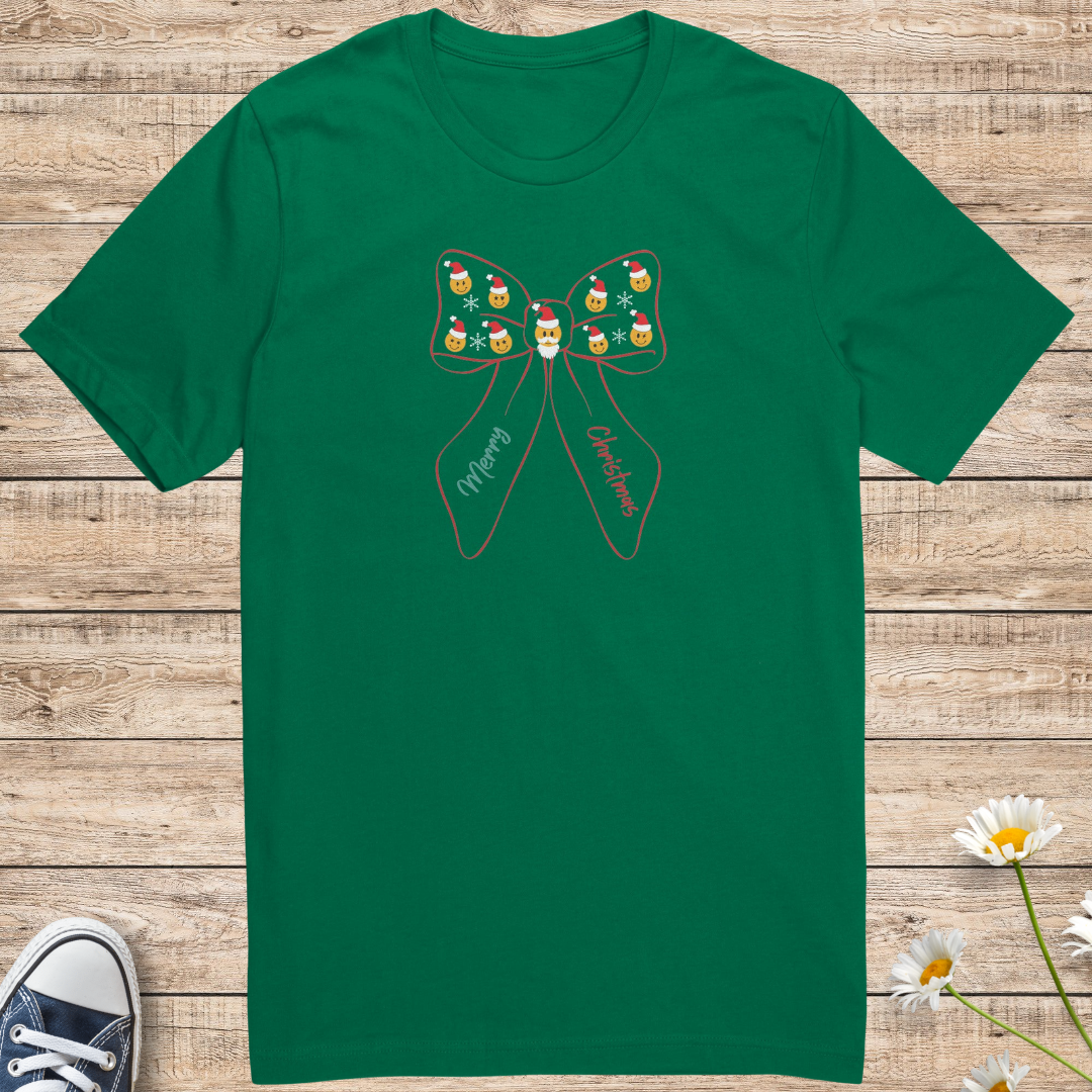 Santa Smiley Face Christmas Shirt, Merry Christmas Snowflake Bow Tshirt, Xmas Lover Shirt, Gift for Christmas Lover