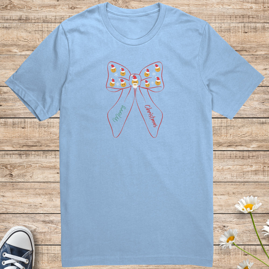 Santa Smiley Face Christmas Shirt, Merry Christmas Snowflake Bow Tshirt, Xmas Lover Shirt, Gift for Christmas Lover