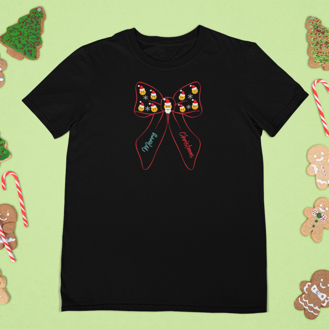 Santa Smiley Face Christmas Shirt, Merry Christmas Snowflake Bow Tshirt, Xmas Lover Shirt, Gift for Christmas Lover