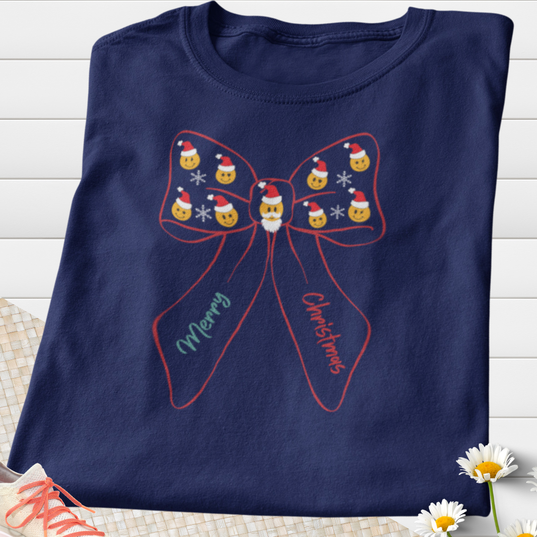 Santa Smiley Face Christmas Shirt, Merry Christmas Snowflake Bow Tshirt, Xmas Lover Shirt, Gift for Christmas Lover