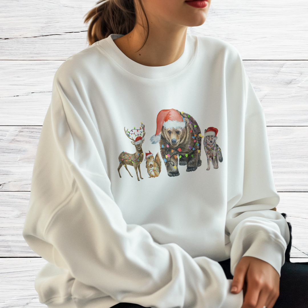 Animal Christmas Lights Sweatshirt, Merry Christmas Forest Animals Sweater, Animal Lover Xmas Shirt, Cute Cozy Christmas Crewneck Sweatshirt, Christmas Gift for Animal Lover