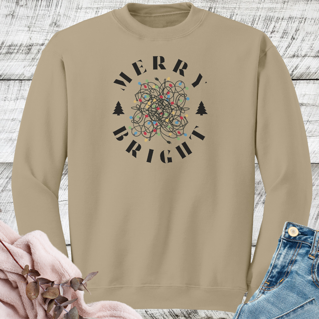 Merry Bright Tangled Christmas Lights Sweatshirt, Funny Christmas Crewneck Sweater, Xmas Tree Festive Sweatshirt, Gift for Christmas Lover