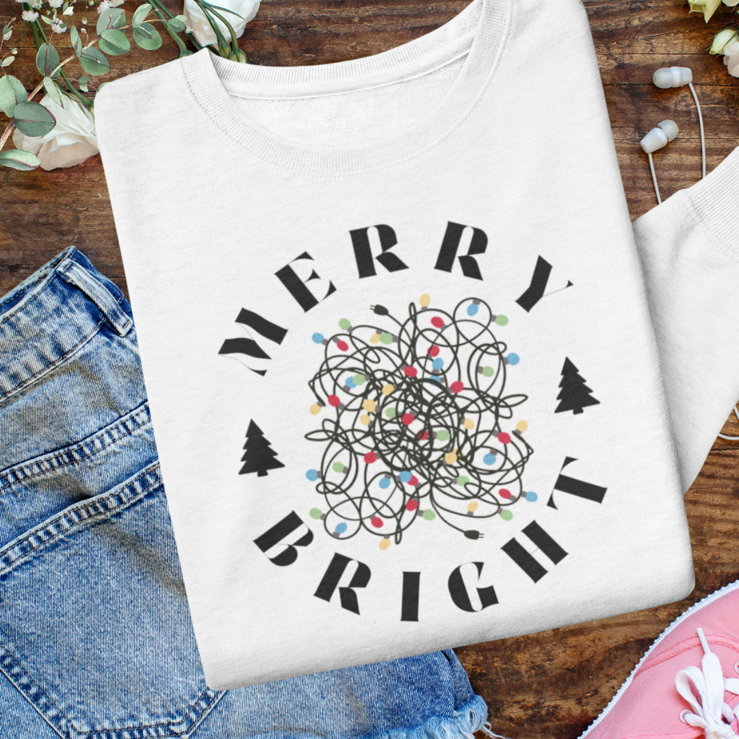 Merry Bright Tangled Christmas Lights Sweatshirt, Funny Christmas Crewneck Sweater, Xmas Tree Festive Sweatshirt, Gift for Christmas Lover