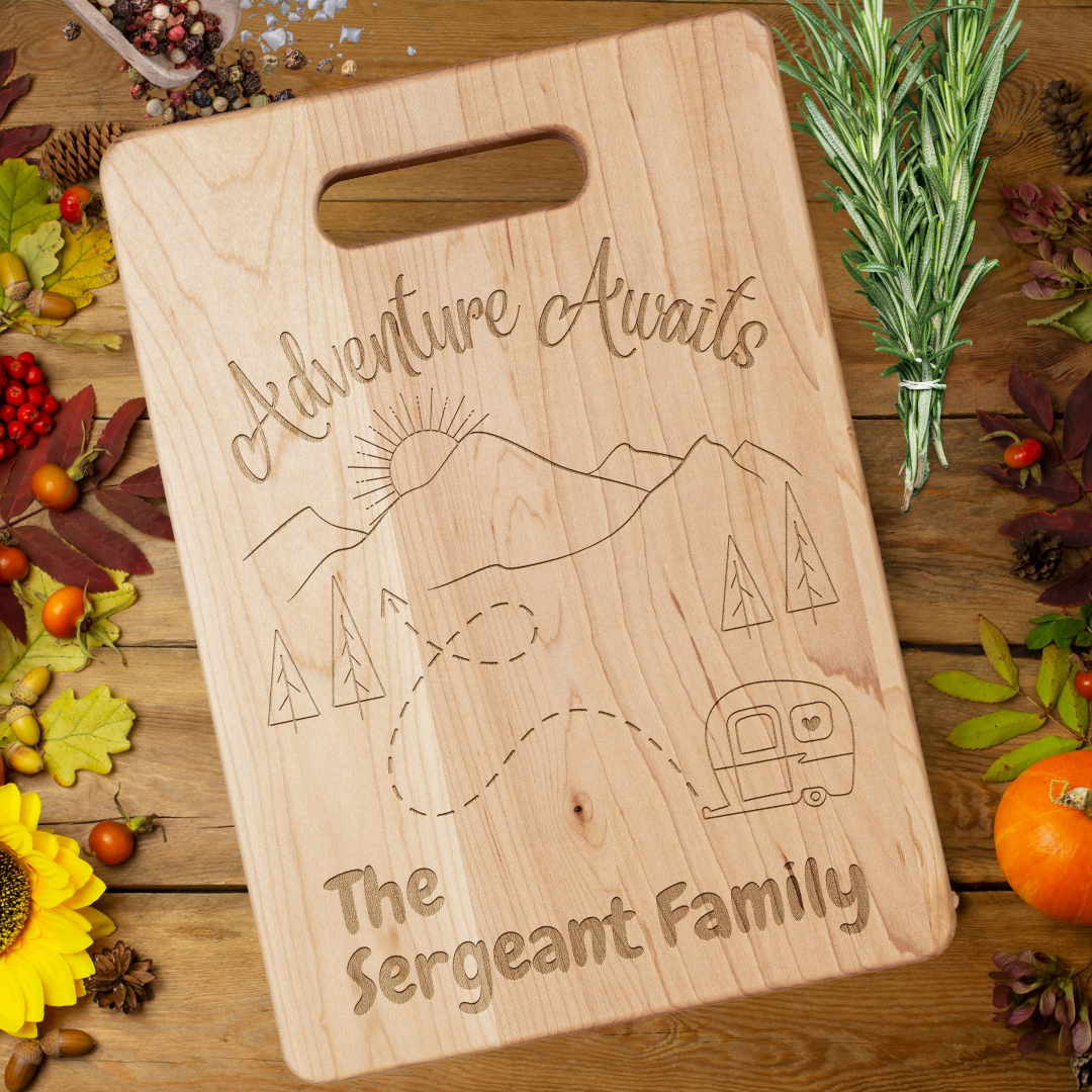 Adventure Awaits Camping Gear, Personalized Camp Cutting Board, RV Camper Accessories, Gift for Camper, Family Camping Gifts